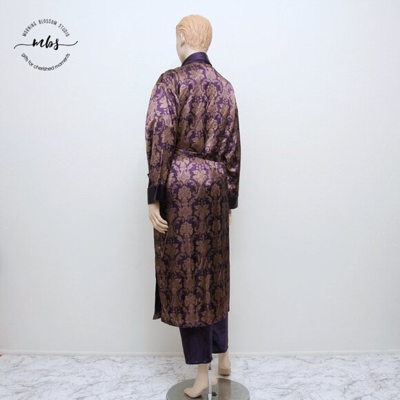 Design Studio Floral Brocade Pajama & Robe Set Tassel Tie Purple Golden Women S - Picture 6 of 16